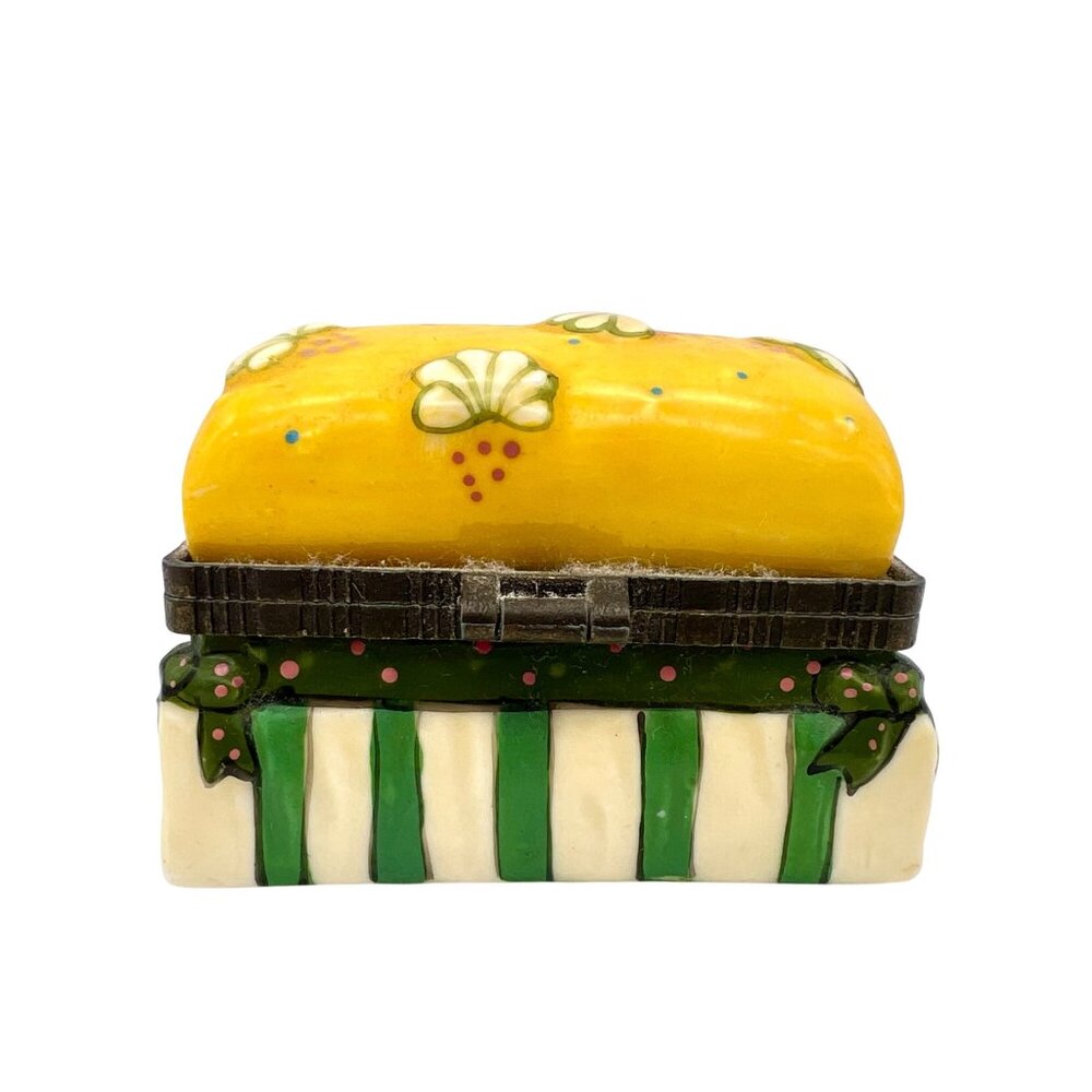 Hand-Painted Ceramic Trinket Box Yellow Floral Lid & Green Striped Dotted Base - Picture 3 of 8